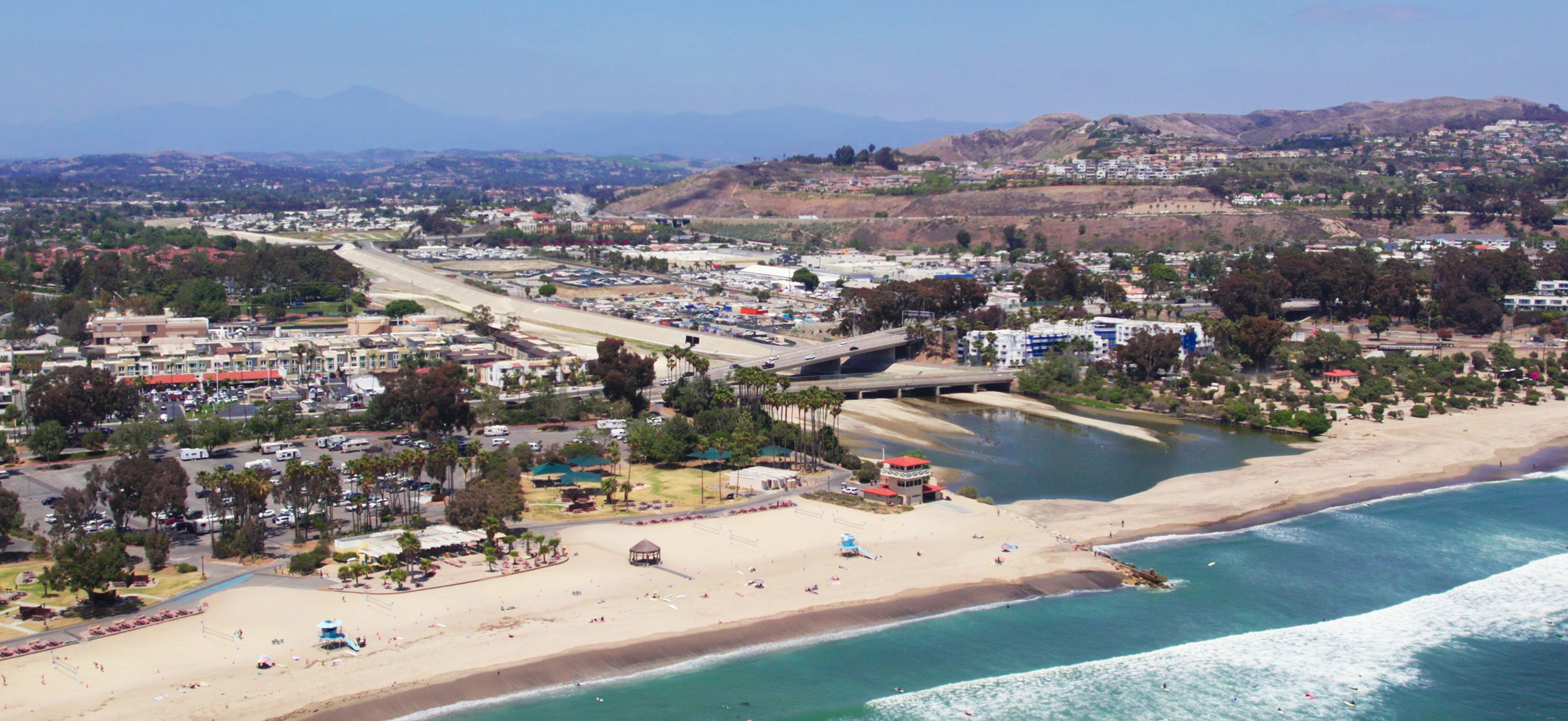 San Juan creek mouth opening in Dana Point at the Pacific Ocean